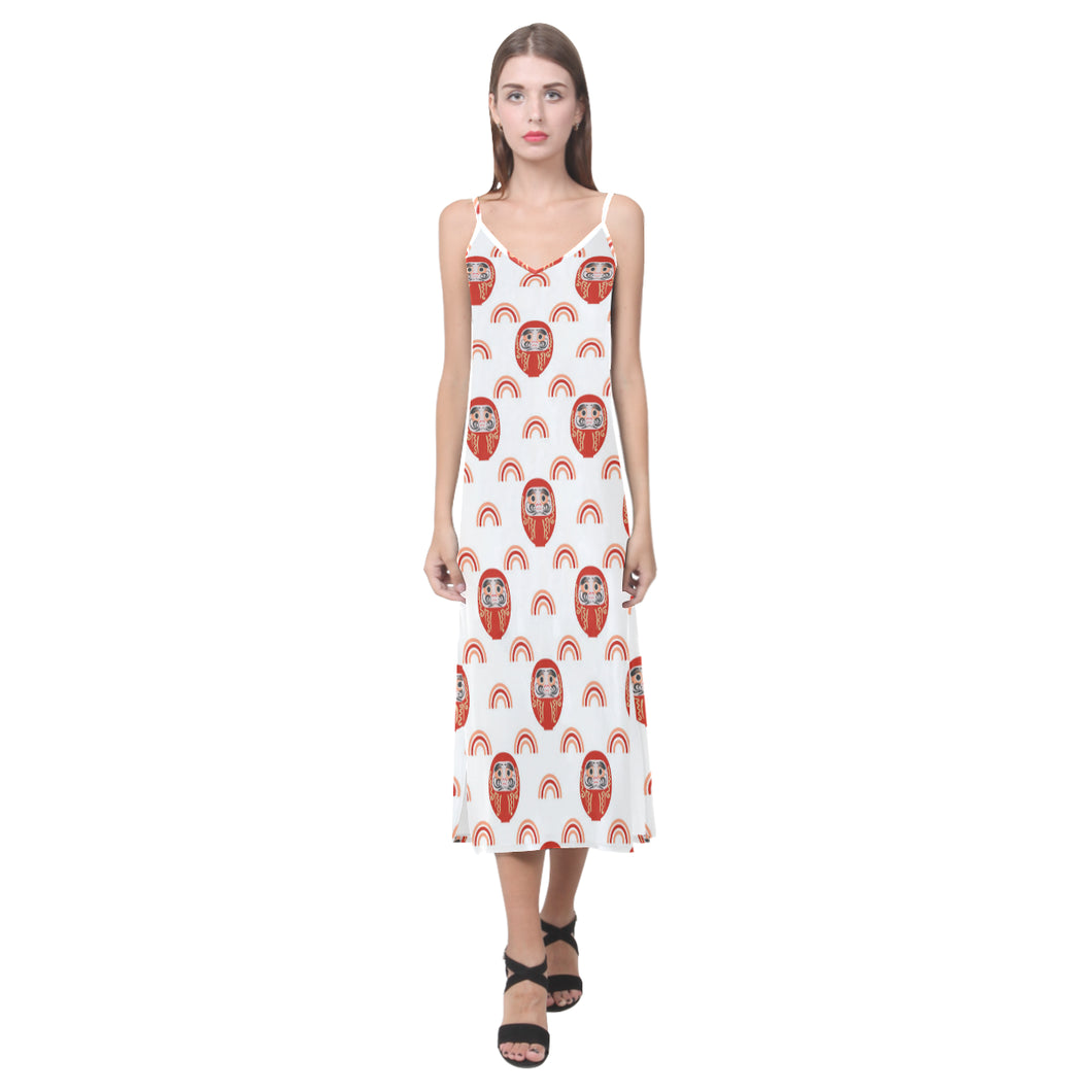 Daruma japanese wooden doll design pattern V-Neck Open Fork Long Dress