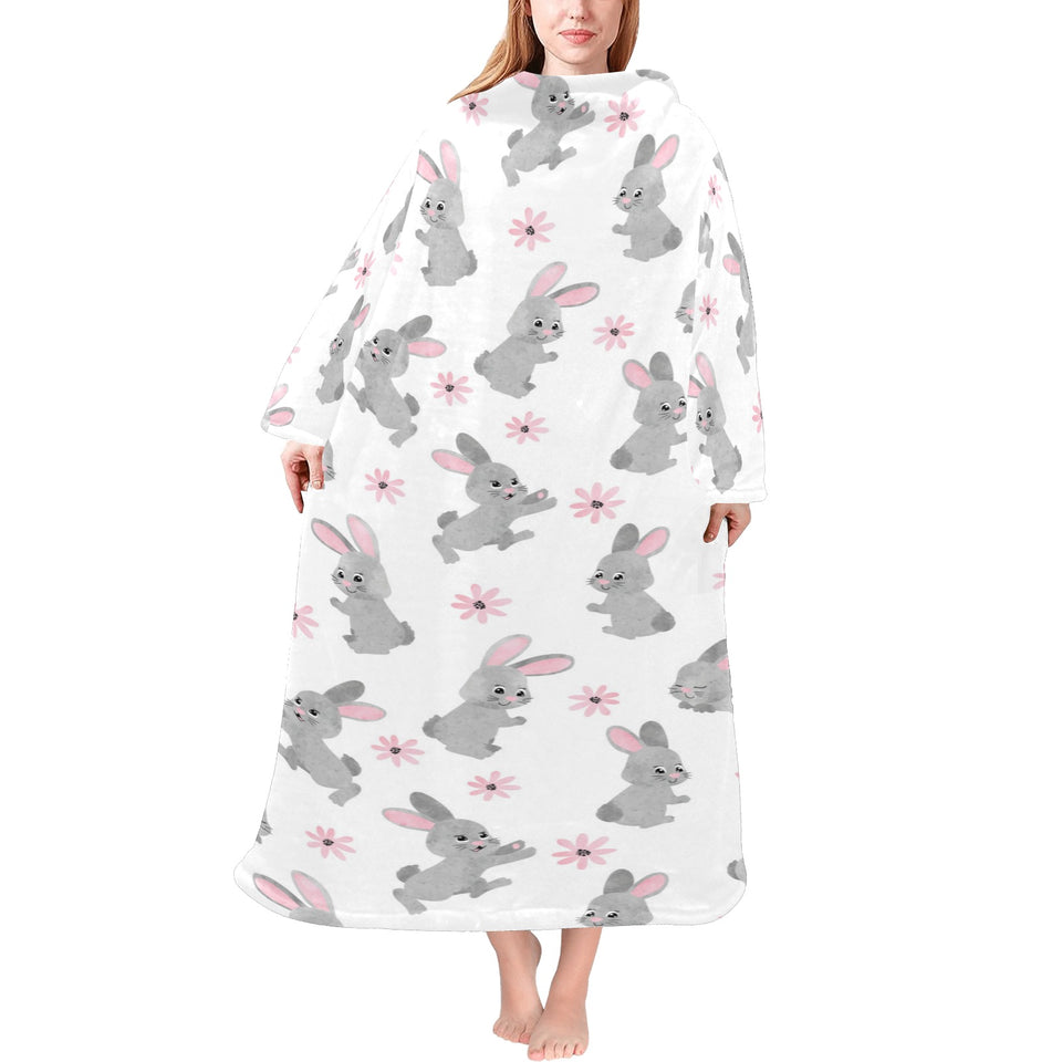 Watercolor cute rabbit pattern Blanket Robe with Sleeves