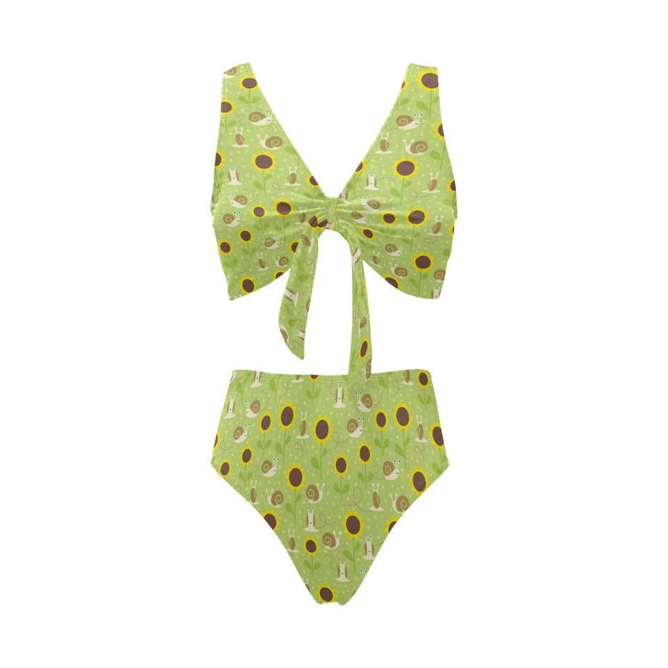 Snail Pattern Print Design 01 Chest Bowknot High Waisted Bikini Swimsuit