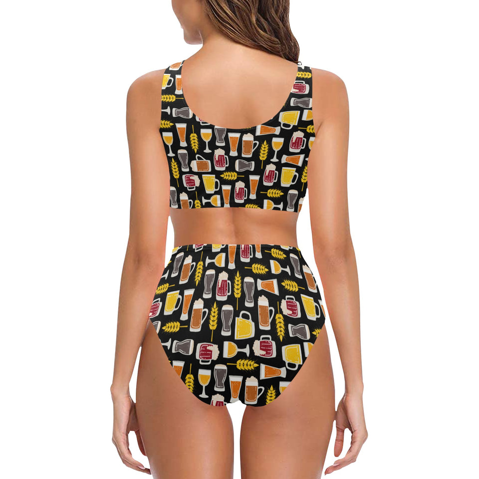 Beer type pattern Chest Bowknot High Waisted Bikini Swimsuit