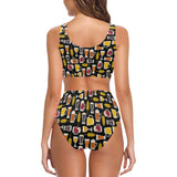 Beer type pattern Chest Bowknot High Waisted Bikini Swimsuit