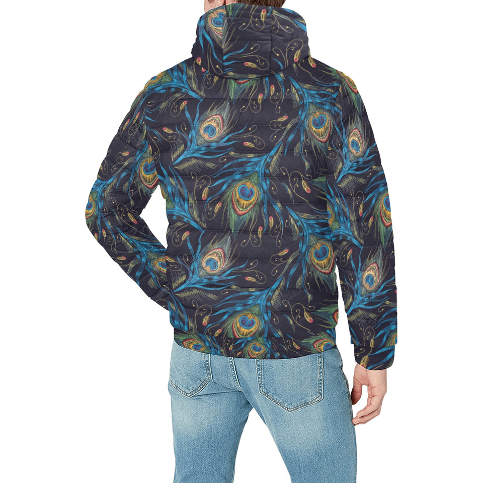Beautiful peacock feather pattern Men's Padded Hooded Jacket