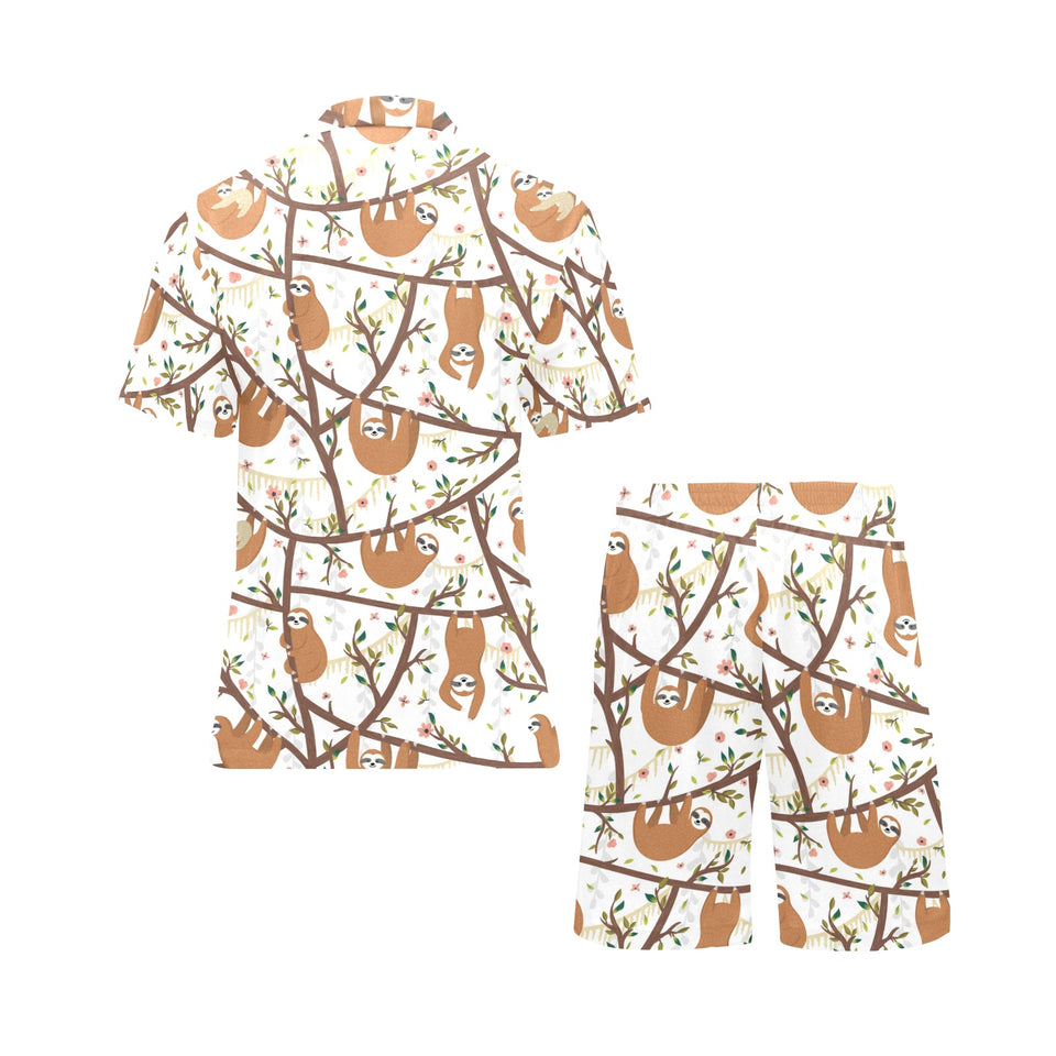 Sloths hanging on the tree pattern Men's V-Neck Short Pajama Set