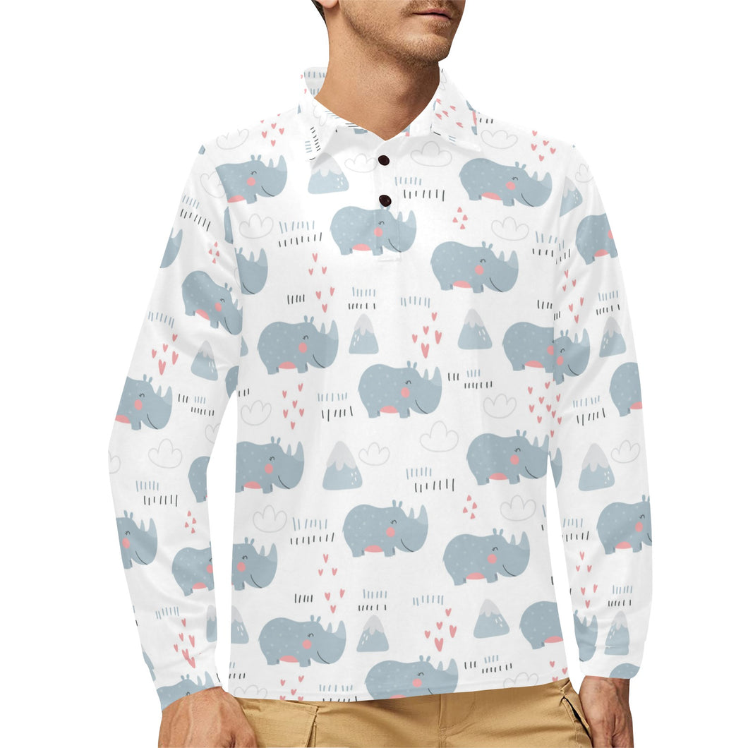 cute rhino heart pattern Men's Long Sleeve Polo Shirt