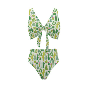 Cactus pattern copy Chest Bowknot High Waisted Bikini Swimsuit