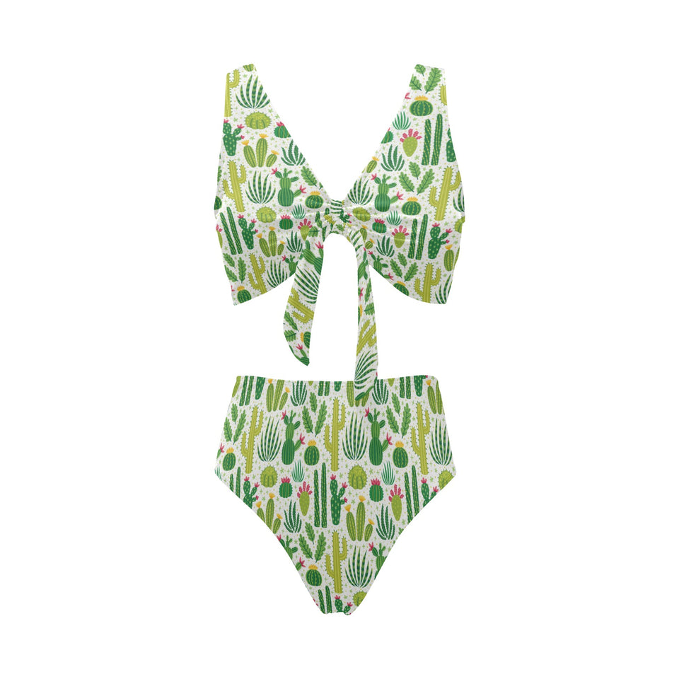 Cactus pattern copy Chest Bowknot High Waisted Bikini Swimsuit