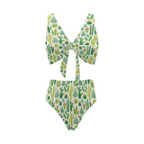 Cactus pattern copy Chest Bowknot High Waisted Bikini Swimsuit