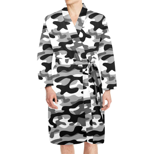 Black white camouflage pattern Men's Long Sleeve Belted Night Robe