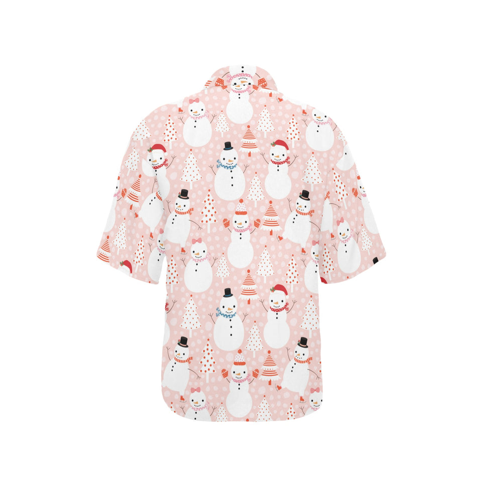 Cute snowman christmas tree snowpink background Women's All Over Print Hawaiian Shirt