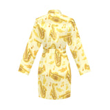 Saxophone cornet pattern yellow background Women's Long Sleeve Belted Night Robe