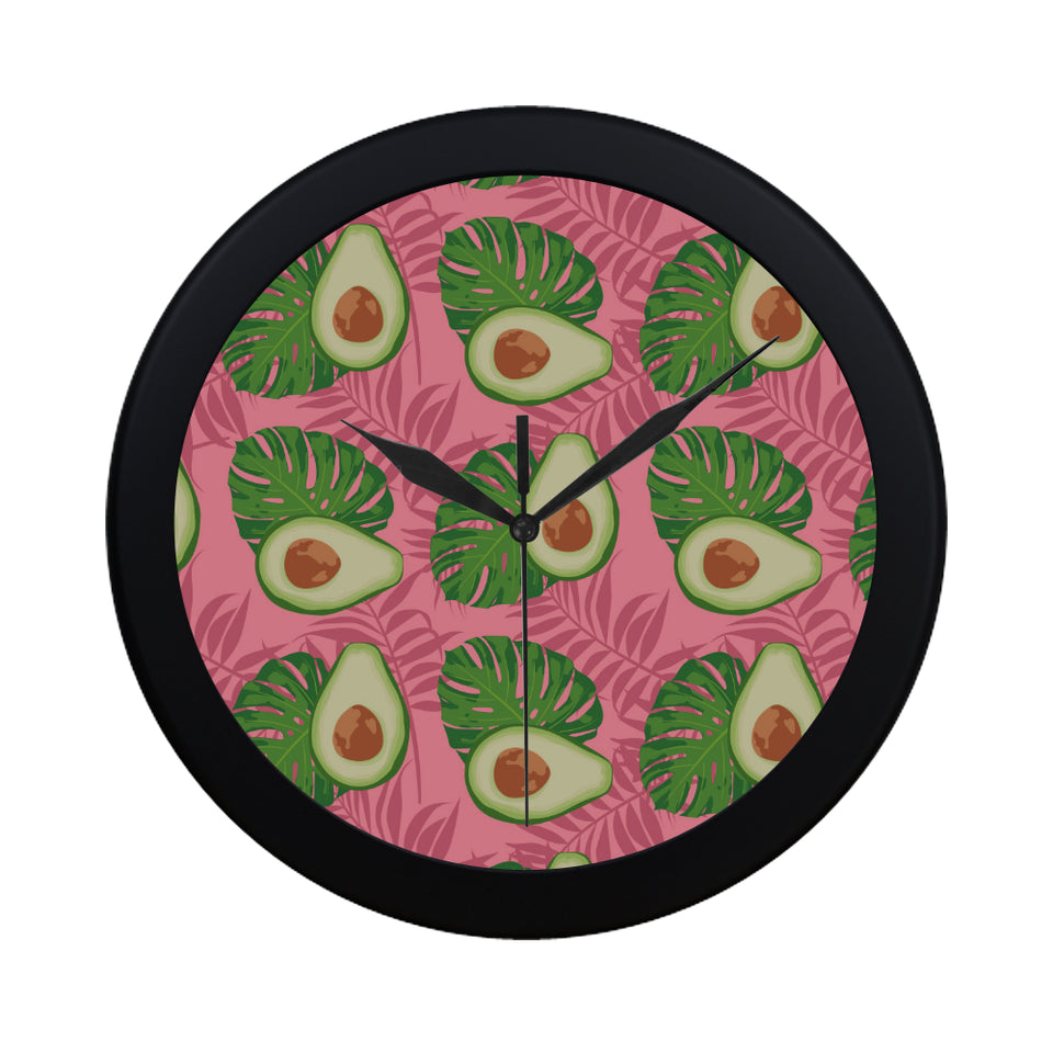 Avocado slices leaves pink back ground Elegant Black Wall Clock