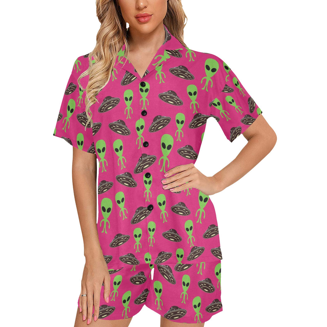 Alien Pattern Print Design 03 Women's V-Neck Short Pajama Set