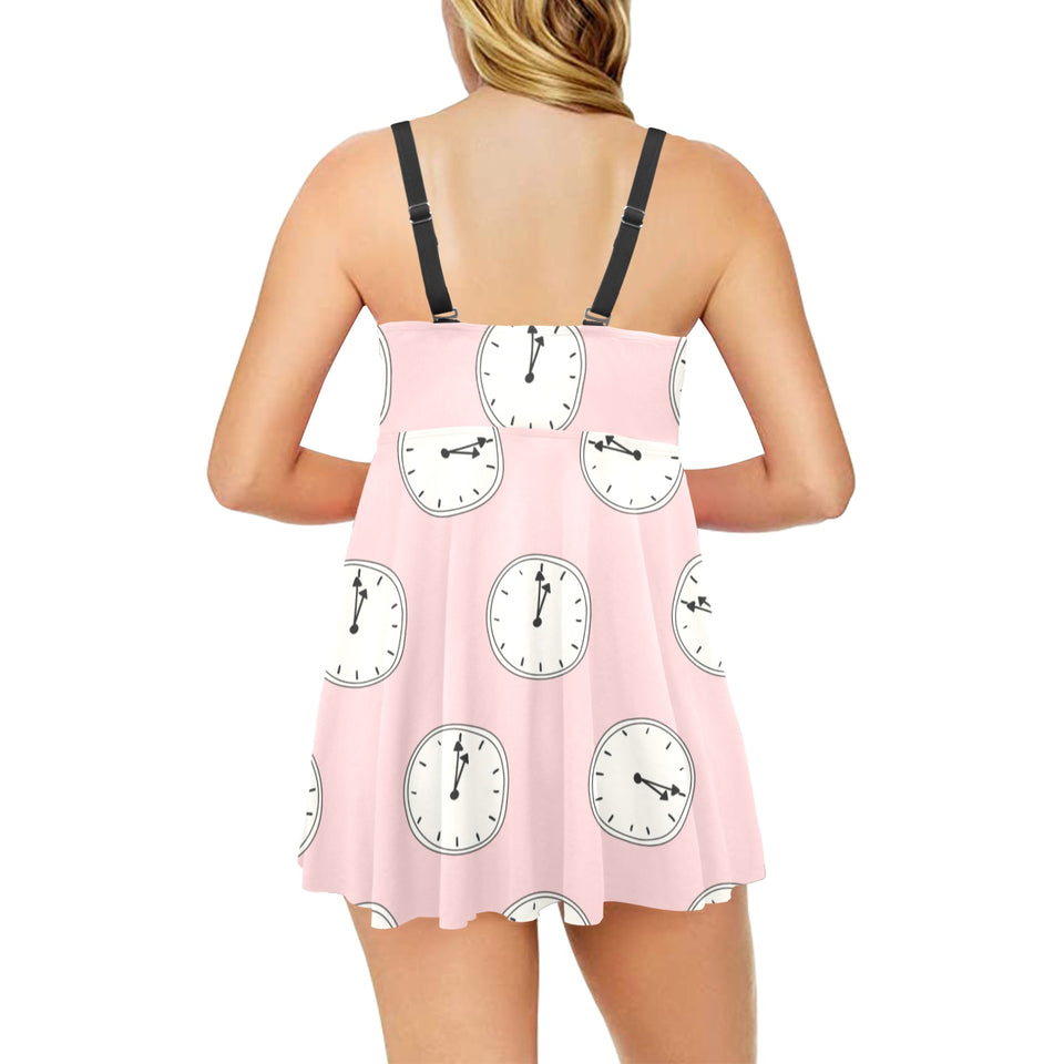 Clock pattern pink blackground Chest Sexy Pleated Two Piece Swim Dress