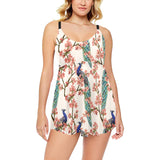 Peacock tropical flower pattern Chest Sexy Pleated Two Piece Swim Dress