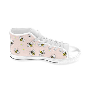 Cute bee flower pattern pink background Men's High Top Canvas Shoes White