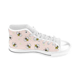 Cute bee flower pattern pink background Men's High Top Canvas Shoes White