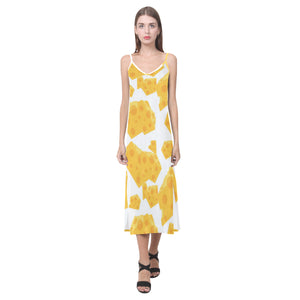 Cheese slice pattern V-Neck Open Fork Long Dress