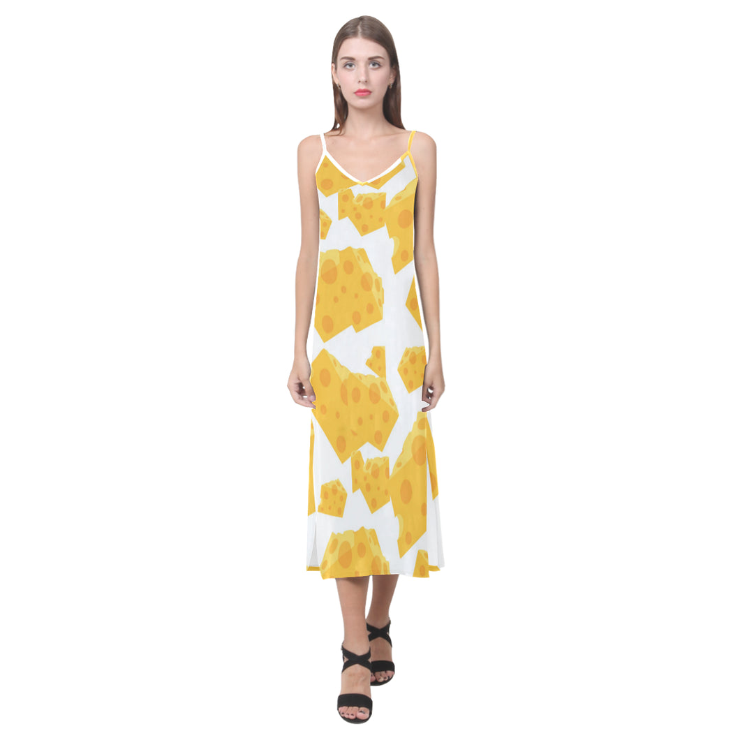 Cheese slice pattern V-Neck Open Fork Long Dress