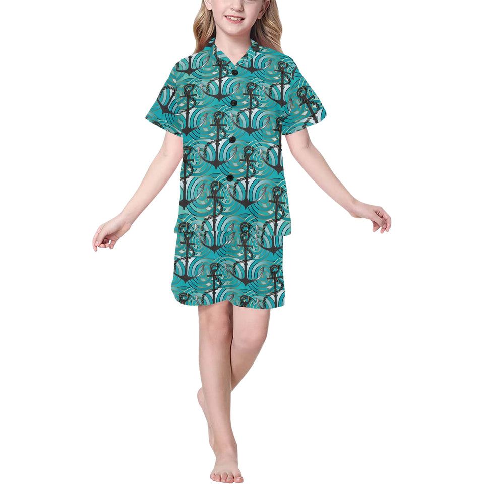Anchor nautical green background Kids' Boys' Girls' V-Neck Short Pajama Set