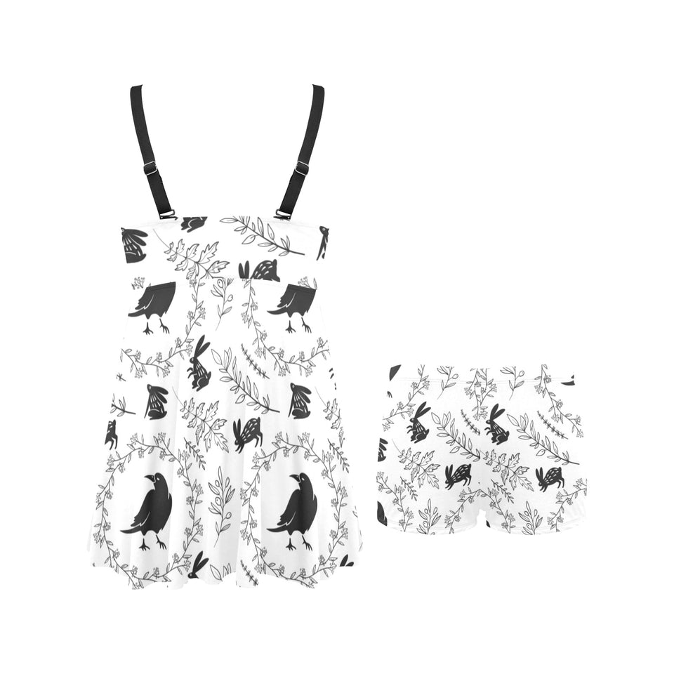 Crows floral wreath rabbit pattern Chest Sexy Pleated Two Piece Swim Dress