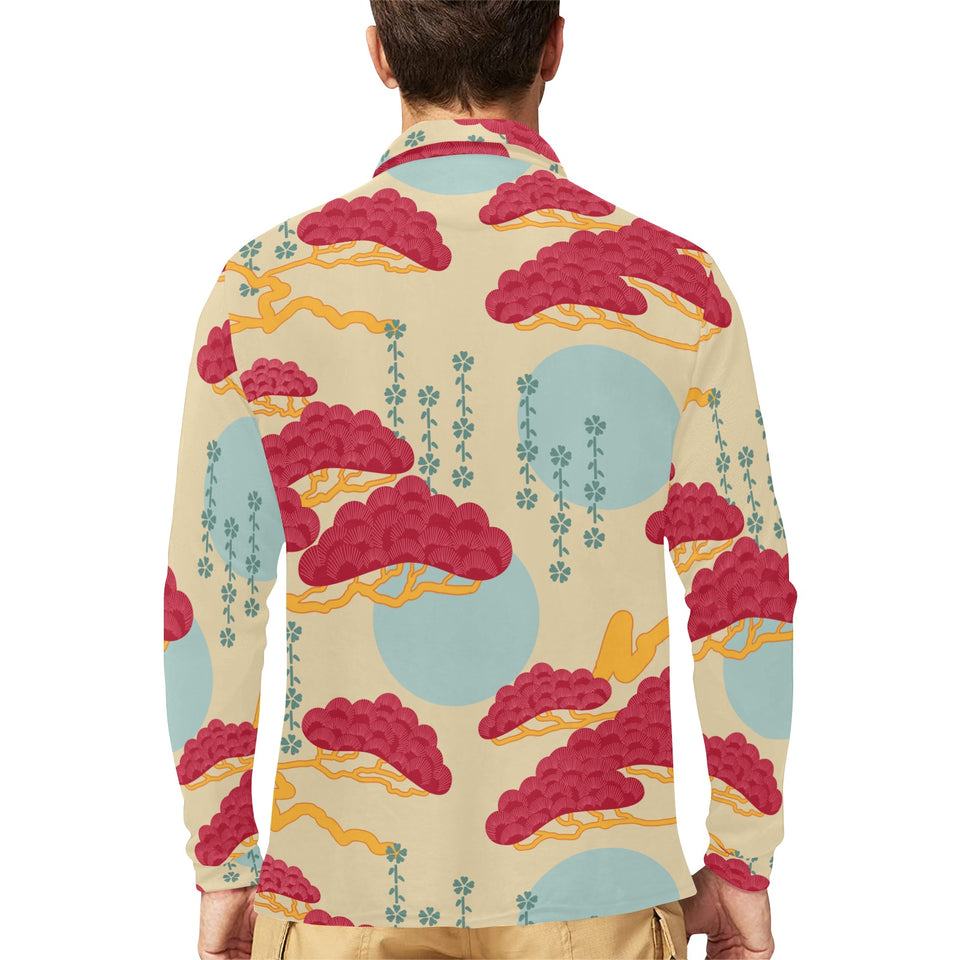 Red Bonsai gray sun japanese pattern Men's Long Sleeve Polo Shirt