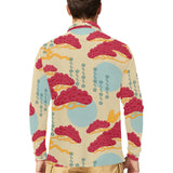 Red Bonsai gray sun japanese pattern Men's Long Sleeve Polo Shirt
