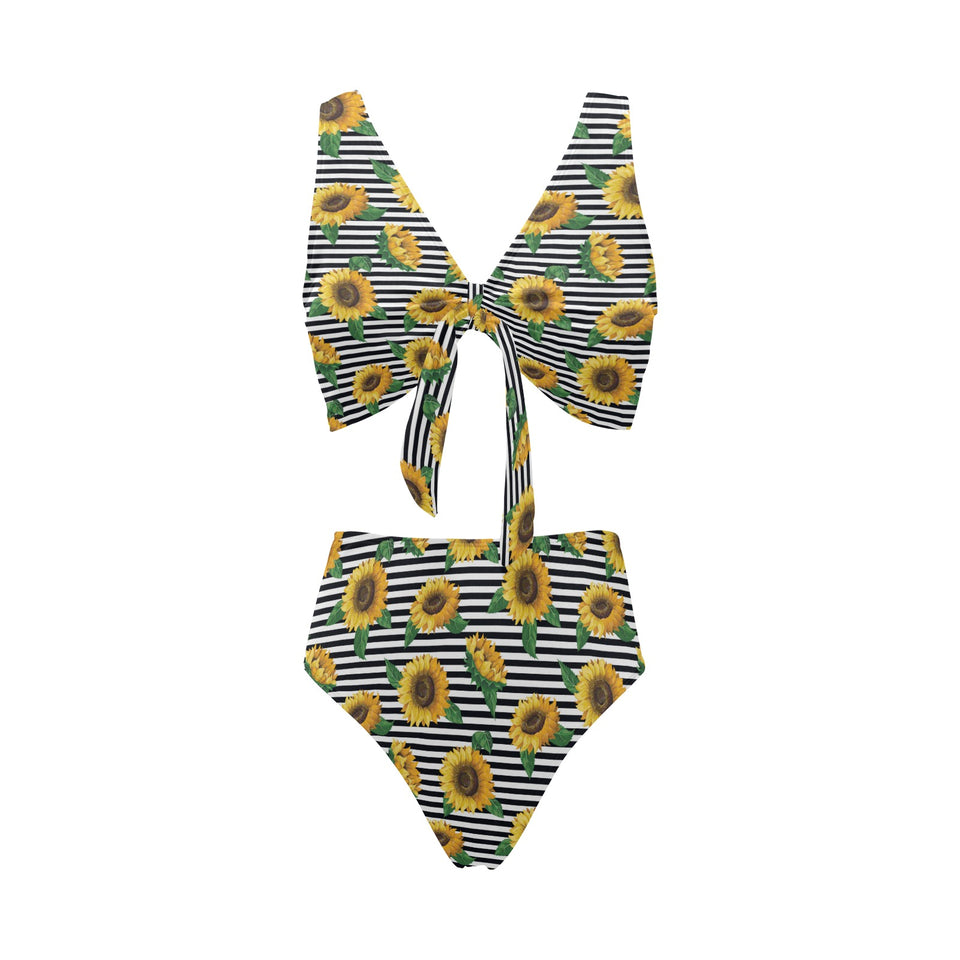 sunflowers ribbon background Chest Bowknot High Waisted Bikini Swimsuit