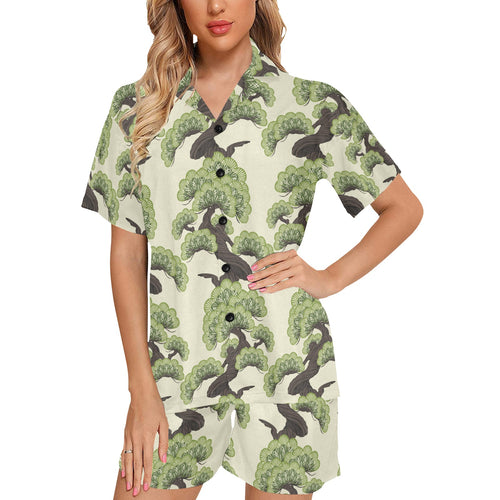Bonsai pattern Women's V-Neck Short Pajama Set