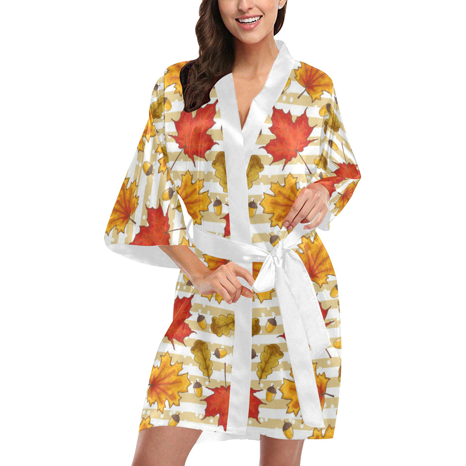 Maple leaf oak leaf acorns beige striped backgroun Women's Short Kimono Robe