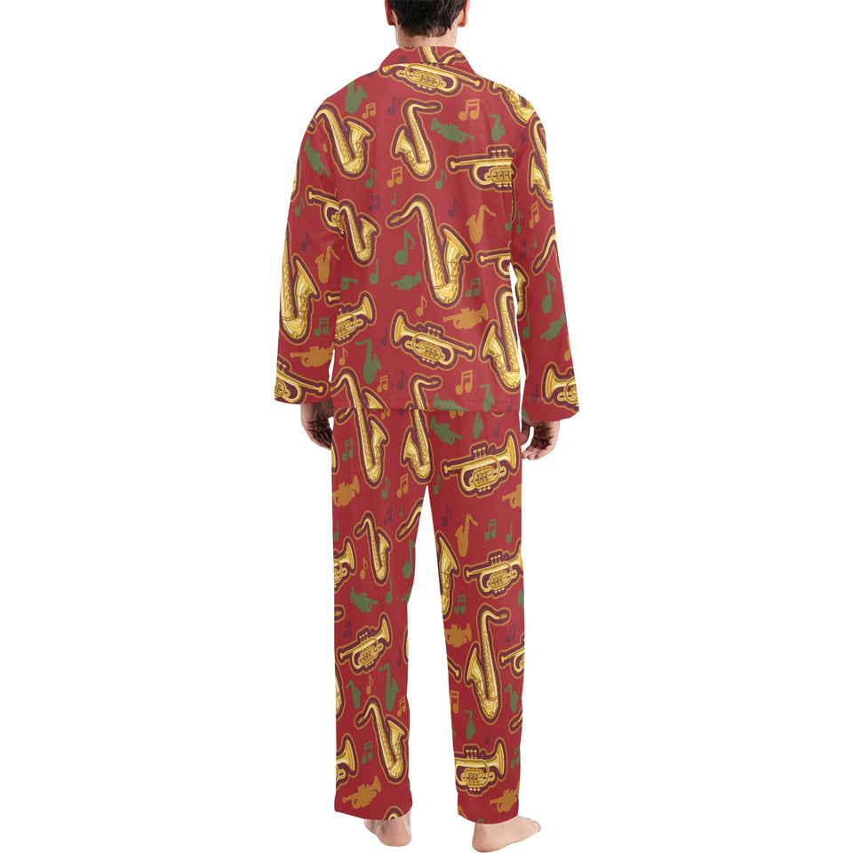 Saxophone cornet pattern red background Men's Long Pajama Set