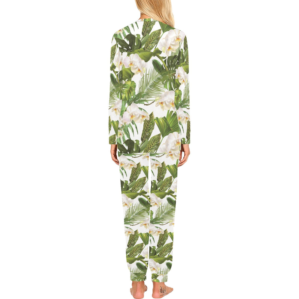 White orchid flower tropical leaves pattern Women's All Over Print Pajama Set