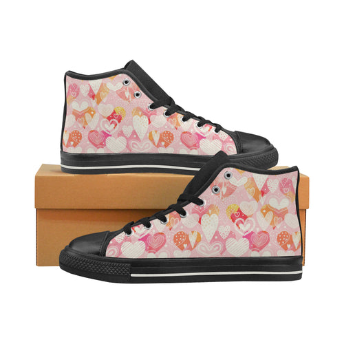 Hand drawn heart design pattern Women's High Top Canvas Shoes Black