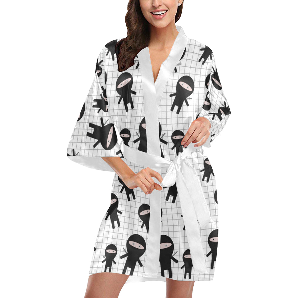 Ninja pattern plaid background Women's Short Kimono Robe