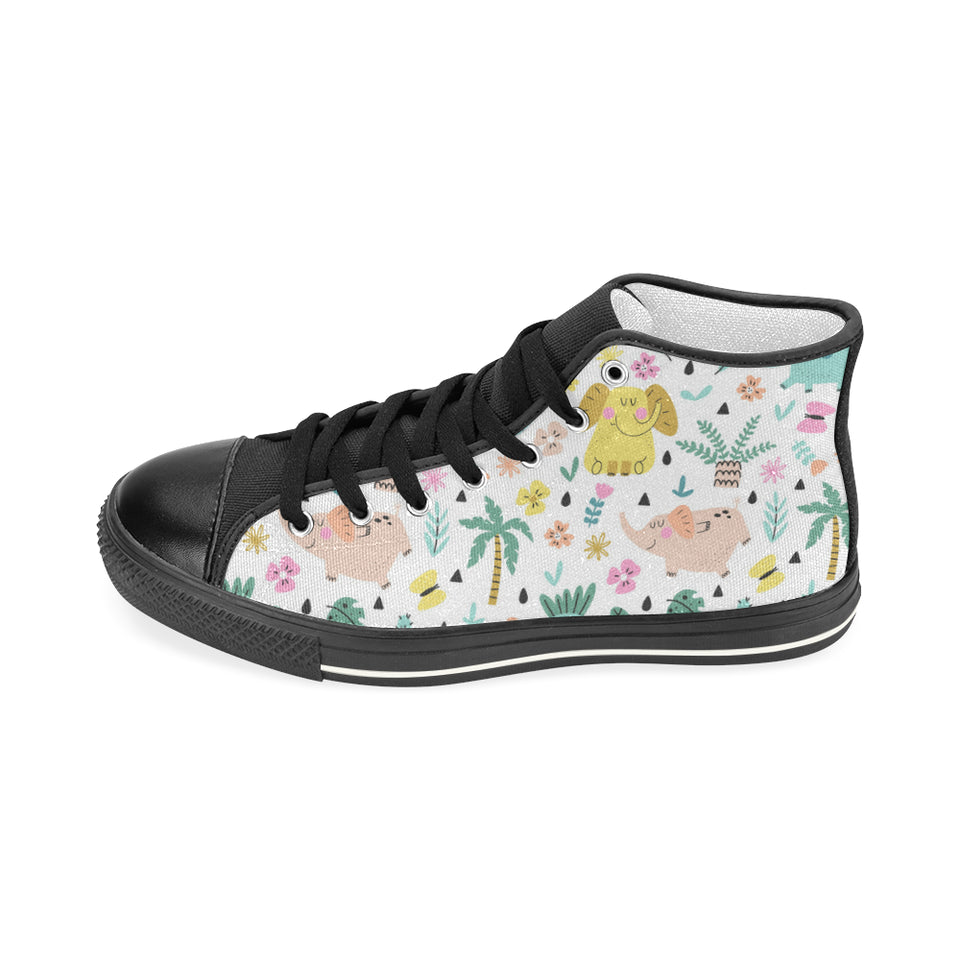 Cute elephants palm tree flower butterfly pattern Women's High Top Canvas Shoes Black