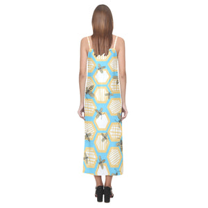 Bee honeycomb pattern V-Neck Open Fork Long Dress