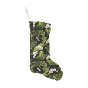 White orchid flower tropical leaves pattern blackg Christmas Stocking