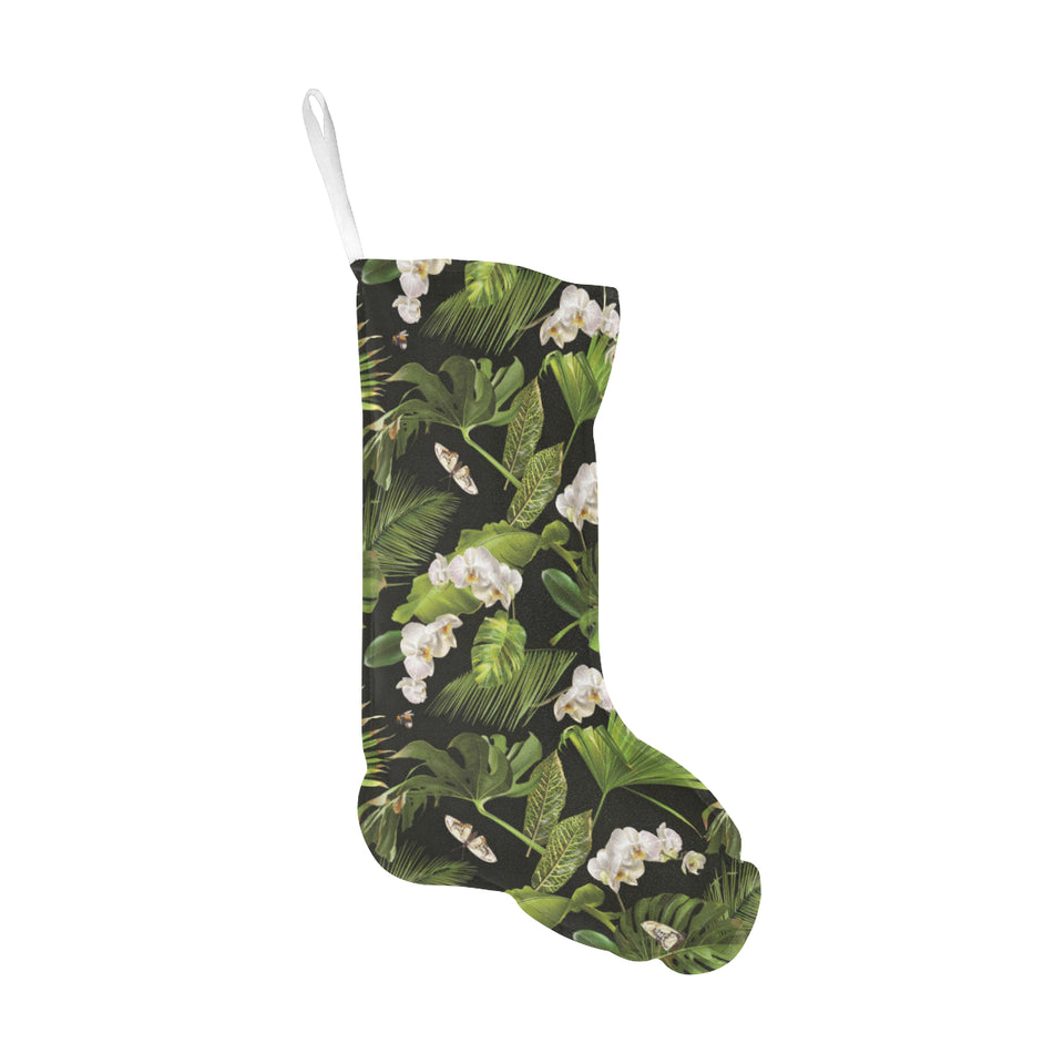 White orchid flower tropical leaves pattern blackg Christmas Stocking