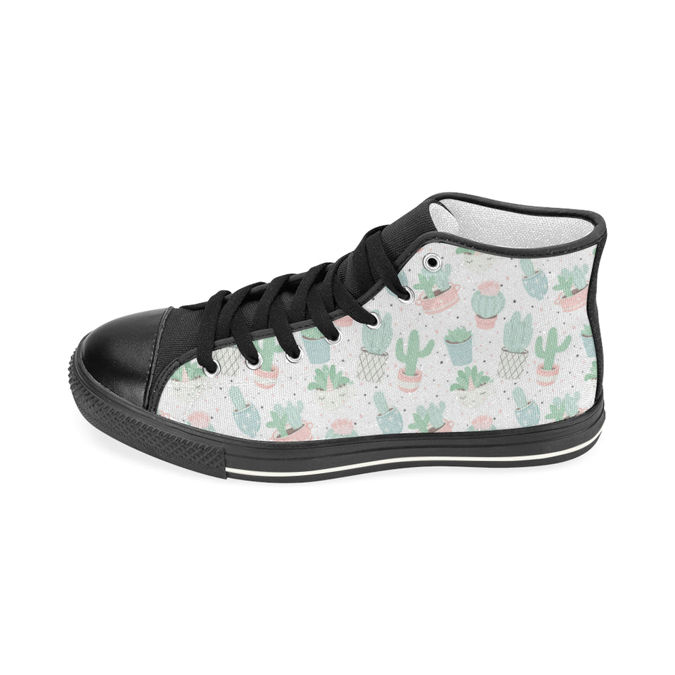 Pastel color cactus pattern Men's High Top Canvas Shoes Black