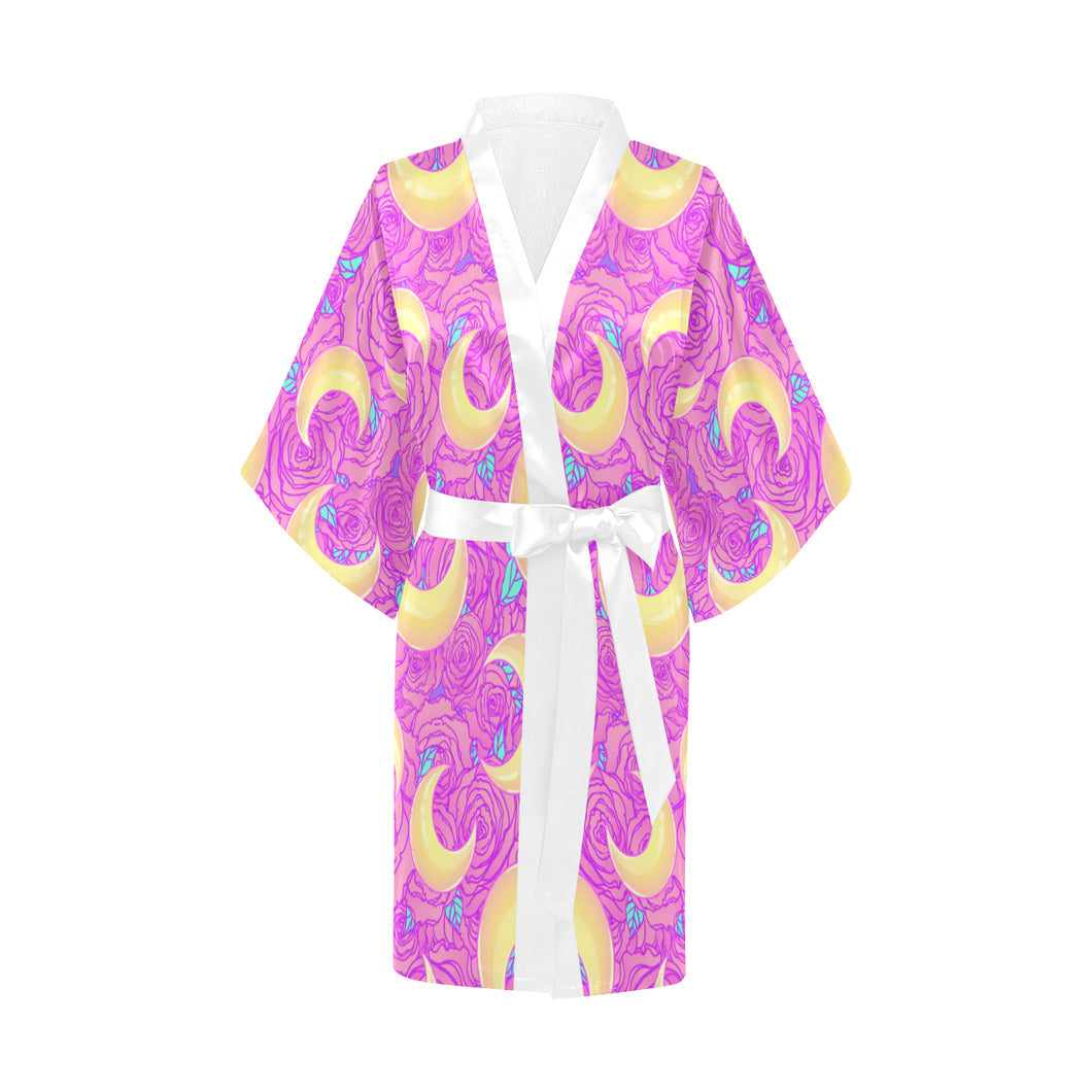 Moon pink rose background Women's Short Kimono Robe