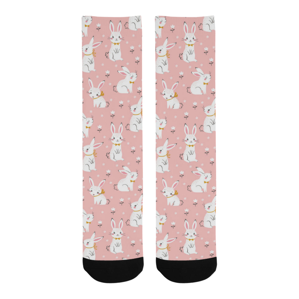 Cute white rabbit flower pink background Crew Socks