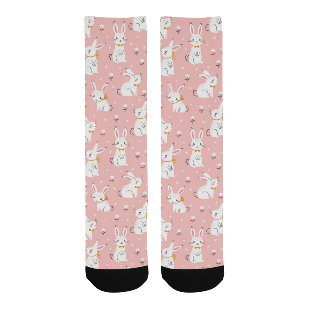 Cute white rabbit flower pink background Crew Socks