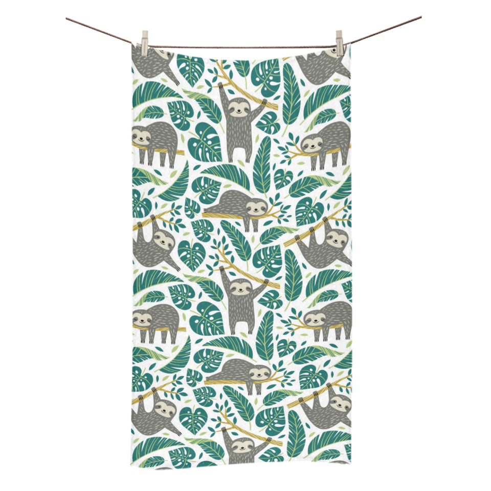 Cute sloths tropical palm leaves white background Bath Towel