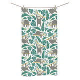 Cute sloths tropical palm leaves white background Bath Towel