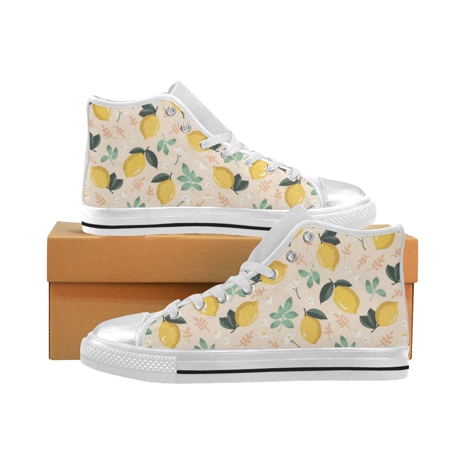 lemon flower leave pattern Women's High Top Canvas Shoes White