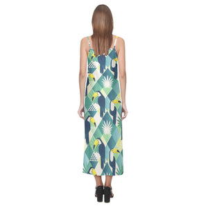 Toucan tropical leaves design pattern V-Neck Open Fork Long Dress