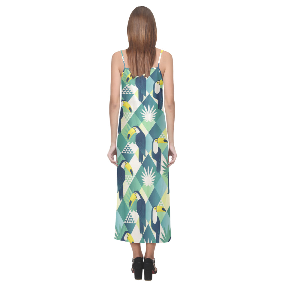 Toucan tropical leaves design pattern V-Neck Open Fork Long Dress