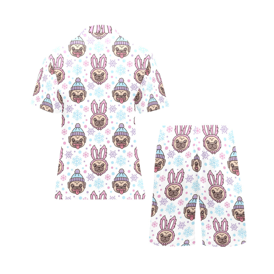Cute pug hat rabbit costume pattern Men's V-Neck Short Pajama Set