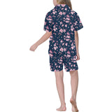 Pink sakura cherry blossom blue background Kids' Boys' Girls' V-Neck Short Pajama Set