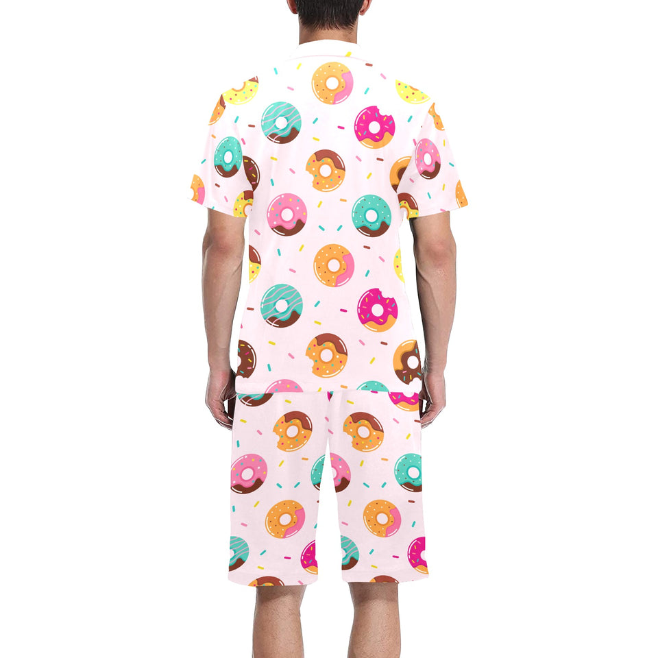 Donut pattern glaze pink background Men's V-Neck Short Pajama Set