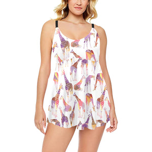 Giraffe Pattern Print Design 02 Chest Sexy Pleated Two Piece Swim Dress